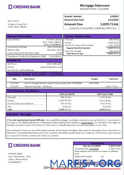 Printable Albania Credins bank mortgage statement scr example